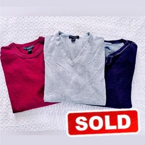 3 Mens sweaters. Gray cashmere blend sweater. Burgundy crew neck. Maroon henley